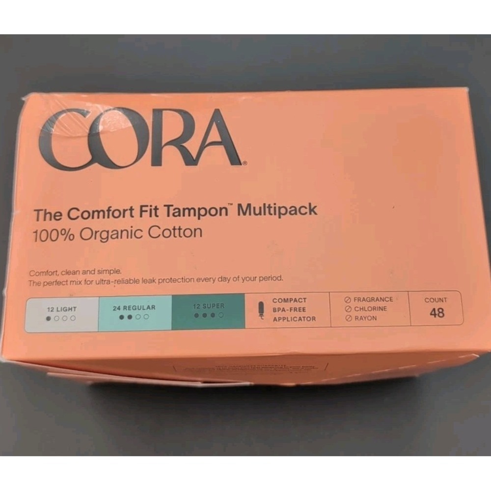CORA Comfort Fit Tampon - Multipack. 100% Organic Cotton . 48 ct -.Damaged Box